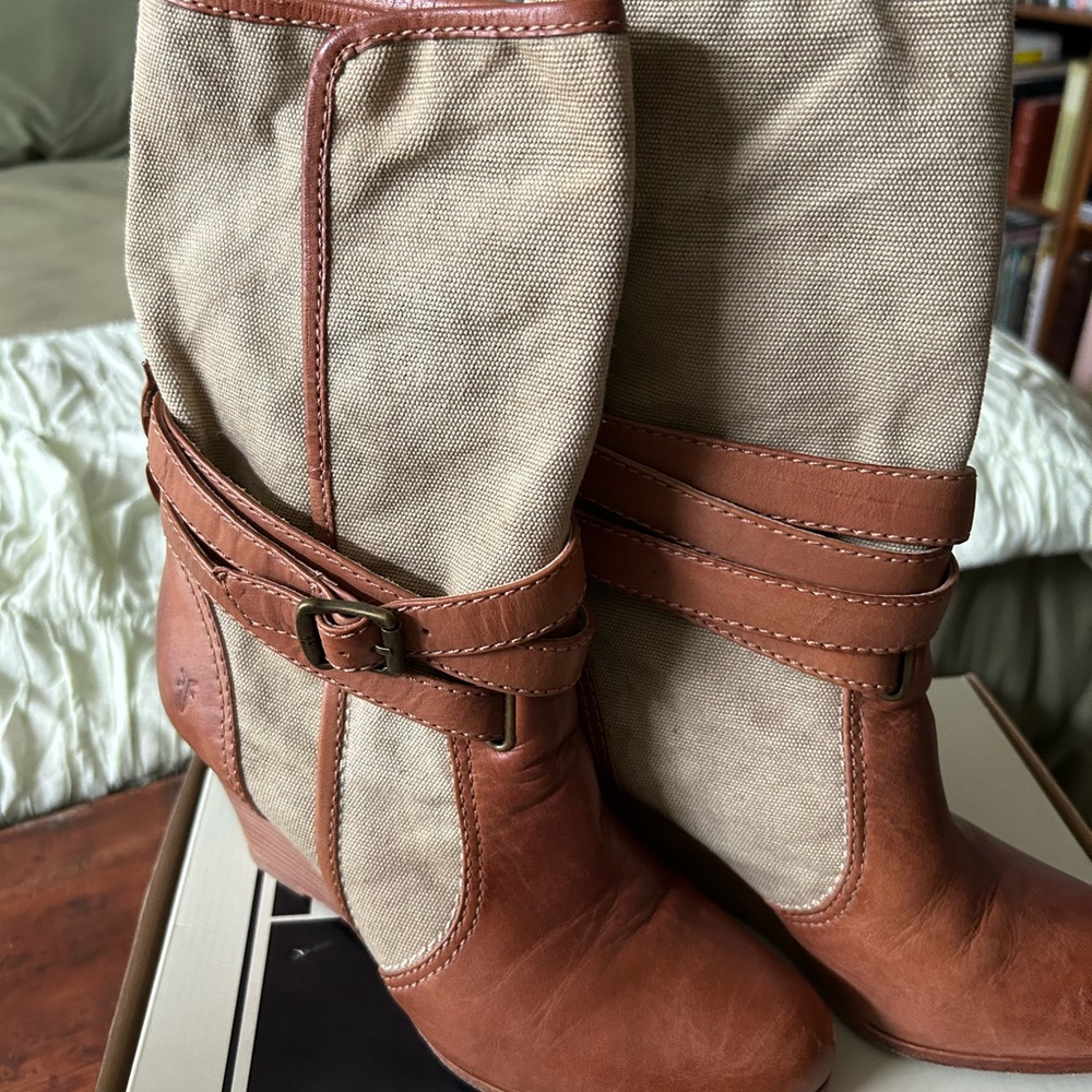 Frye Tan and Cream Heeled Boots